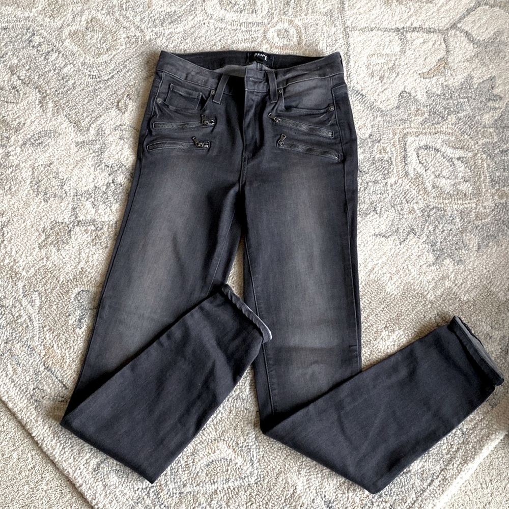 High rise page denim jean with zipper detail. Size 26